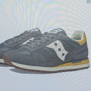 Gray and White Sneakers with Yellow Accents